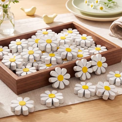 Amyhill 24 Pcs Daisy Table Centerpieces Decoration Wooden Small Rustic Daisy White Yellow Wood Flower Signs for Vase Bowls Filler Tiered Tray Table Farmhouse Home Kitchen Decor