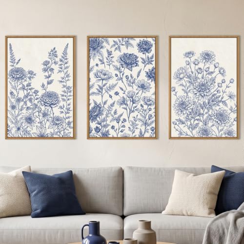 Celestdeco Blue White Chinoiserie Floral Framed Canvas Wall Art-16"x24"x3 - color: Classic Floral Wall Art, size: 16"L x 24"W