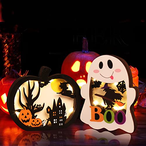CCINEE 2pcs Halloween Lighted Wooden Table Decoration, Ghost Pumpkin Tabletop Centerpieces LED Boo Spooky Sign for Trick or Treat Halloween Party Dinner Coffee Table Topper Tier Tray Room Decor