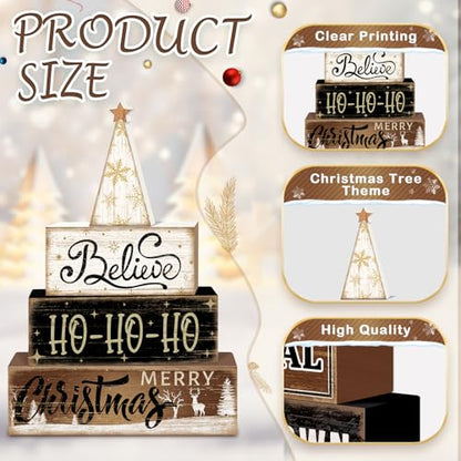 Britimes Christmas Tiered Tray Decor Set, 4 Pack, Wooden Sign, Reindeer - style: Christmas Tree Star