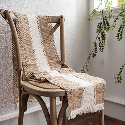 Boho Burlap Macrame Table Runner, Farmhouse Style Cotton Linen Rustic Woven Table Runner with Tassels for Dining, Wedding, Bridal Shower, Bohemian (12x72 inch, Off-White Stripe) - color: Off-white Stripe, size: 12x72 inch