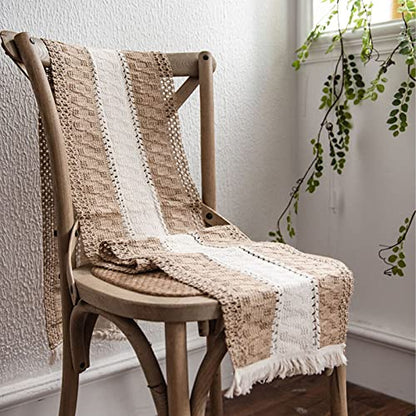 Boho Burlap Macrame Table Runner, Farmhouse Style Cotton Linen Rustic Woven Table Runner with Tassels for Dining, Wedding, Bridal Shower, Bohemian (12x72 inch, Off-White Stripe) - color: Off-white Stripe, size: 12x72 inch