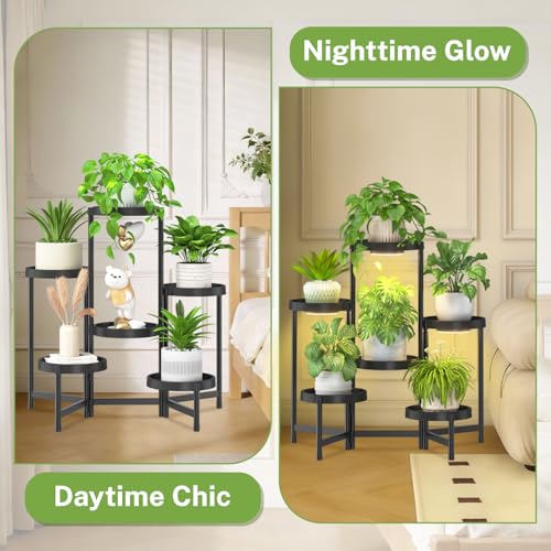 iDavosic.ly 6 Tier Folding Plastic Plant Stand Indoor, Grow Light, Black - color: Black with Light, size: 6 Tiers