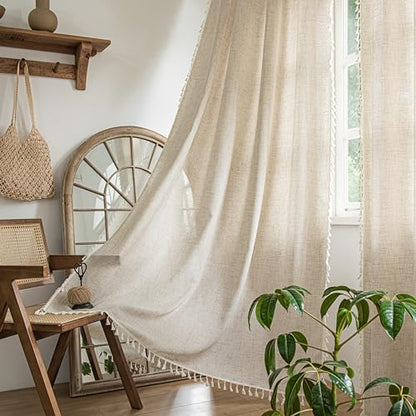 Sutuo Home Boho Curtains 63 Inches Long, Bohemian Linen Style Textured Curtains with Tassels for Living Room, Semi Blackout Farmhouse Drapes, Rod Pocket Window Treatments 2 Panels, 52" x 63", Natural - color: Natural Linen, size: 52"W x 63"L (Pack of 2)