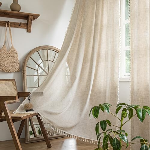 Sutuo Home Boho Curtains 63 Inches Long, Bohemian Linen Style Textured Curtains with Tassels for Living Room, Semi Blackout Farmhouse Drapes, Rod Pocket Window Treatments 2 Panels, 52" x 63", Natural - color: Natural Linen, size: 52"W x 63"L (Pack of 2)