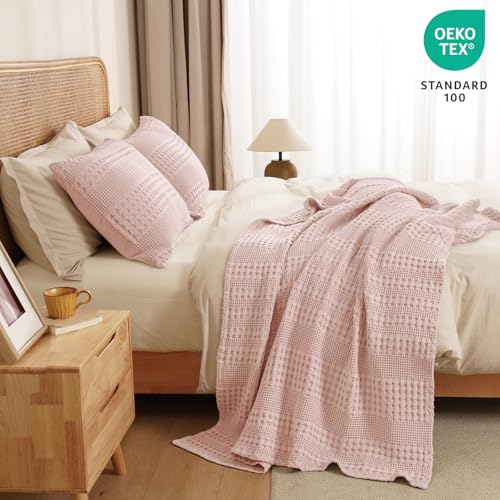 PHF Lightweight 100% Cotton Waffle Throw Blanket for Couch, Pink - color: 16 Pink, size: Throw(50"x60")