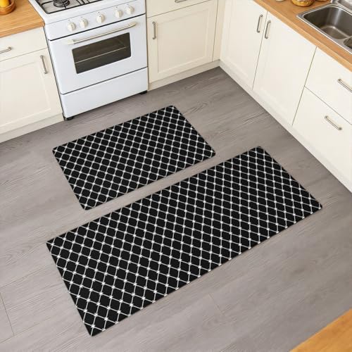 Feelyou Black White Geometric Kitchen Rugs Sets 2PCS Easy Geometric Stripe Line Kitchen Mats for Floor Modern Art Cushioned Anti Fatigue Simple Style Waterproof Non-Slip Rugs Accessories - color: Black White