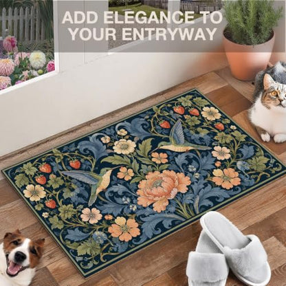 Boho Bird Floral Faux Coco Coir Doormat Door Mat 17x30 Inch - color: Blue Bird