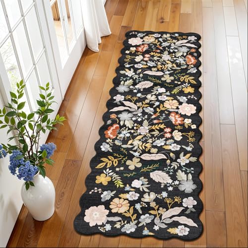 2x6 Scalloped Hallway Runner Rug: Non-Slip Washable Floral Area Rug Black - color: Black, size: 2' x 6' (Runner)