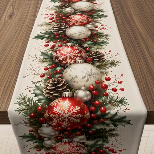 Christmas Decorations - Xmas Balls Snowflake Pine Cone Table Runner - color: Christmas Balls Snowflake