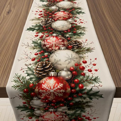 Christmas Decorations - Xmas Balls Snowflake Pine Cone Table Runner - color: Christmas Balls Snowflake