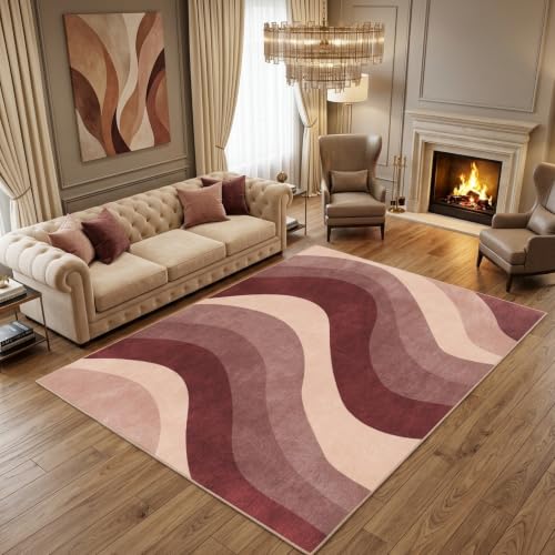 6X9 Modern Burgundy Dusty Rose Wavy Striped Washable Area Rug - color: Burgundy, size: 6' x 9' (Rectangular)
