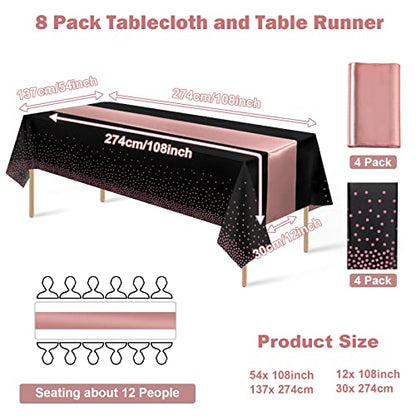 8Pack Disposable Plastic Tablecloths and Satin Table Runner Set Black and Rose Gold Dot Tablecloth Gold Satin Table Runner for Wedding Birthday Baby Shower Anniversary Christmas New Year Party Supply - color: Black and Rose Gold, size: 8 Pack