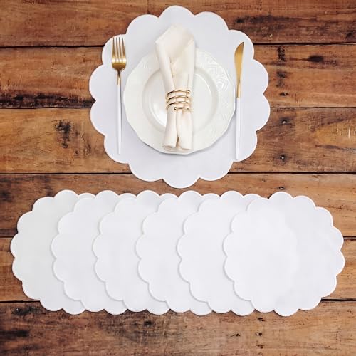 Qinyoung 6 Pieces White Cotton Placemats 13.8 Inch Scalloped placemats - size: 13.8 Inches, style: Solid Color