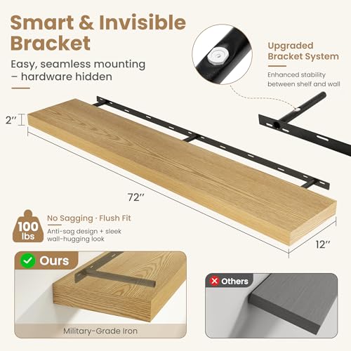 72 Inch Long Floating Shelves for Wall Set of 1, 12"D Wood Grain Shelves - color: Oak, size: 72"Wx12"Dx2"H, 1P