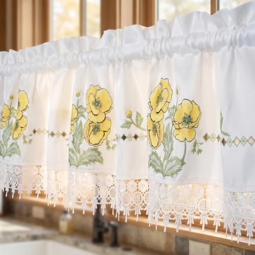 Molaxhome Beautiful Dazzling Embroidered Window Valance for Kitchen Decor - color: Yellow Lace, size: 58"W x 14"L (Pack of 1)