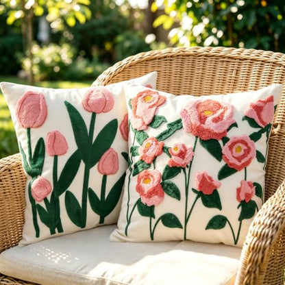 Rose Tulip Pink Floral Spring Embroidered Throw Pillow Cover 18x18 Set of 2 - color: Rose Pink