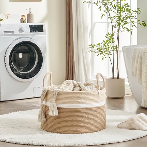 KAKAMAY Large Blanket Basket with Handles, Storage Basket for Living Room - color: White and Brown