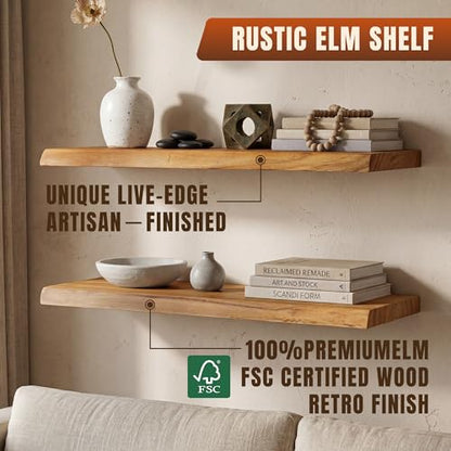 40" Live Edge Floating Shelf, Solid Elm Wood Wall Shelf - color: Artisan Natural, size: 40 Inch | 1 Pack