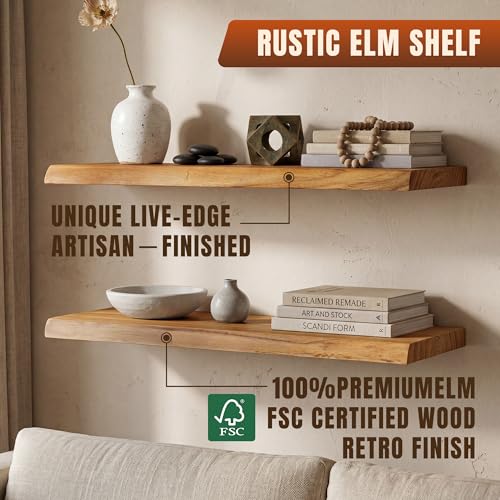 55" Live Edge Floating Shelf, Solid Elm Wood Wall Shelf - color: Artisan Natural, size: 55 Inch | 1 Pack