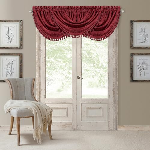 Antonia Waterfall Tassel Window Valance, Rouge - 52" W x 36" L - color: Rouge
