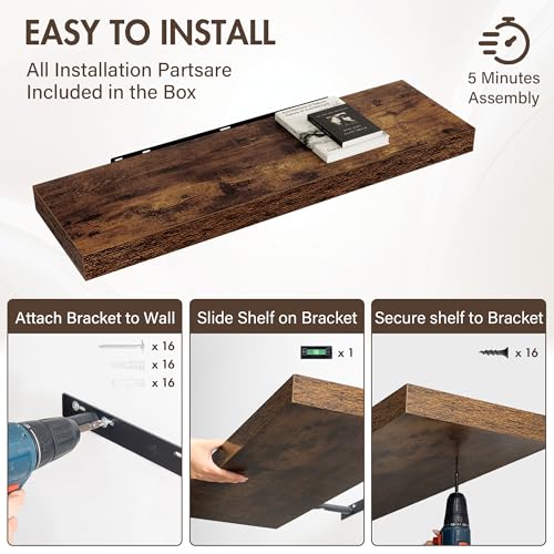 Acovy 40 Inch Floating Shelves, 12" Deep Floating Shelf Wall Mounted, 40" Wall Shelves, Rustic Deep Bookshelf, Extra Deeper & Thicker Display Shelves for Bedroom, Living Room, Brown, Set of 2 - color: Brown, size: 12"Wx40"L-2pcs