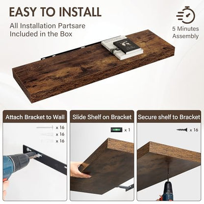 Acovy 40 Inch Floating Shelves, 12" Deep Floating Shelf Wall Mounted, 40" Wall Shelves, Rustic Deep Bookshelf, Extra Deeper & Thicker Display Shelves for Bedroom, Living Room, Brown, Set of 2 - color: Brown, size: 12"Wx40"L-2pcs