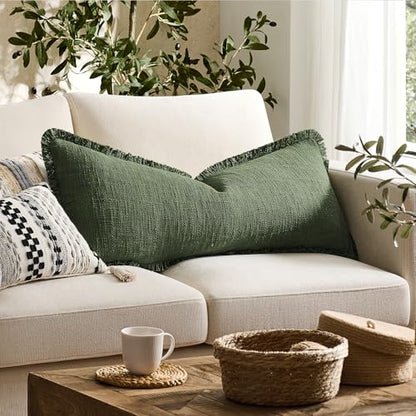 100% Cotton 14x36 Inch Lumbar Pillow Cover with Fringe 1 Pack, Olive Green - color: A-olive Green, size: 36" x 14" (Pack of 1)