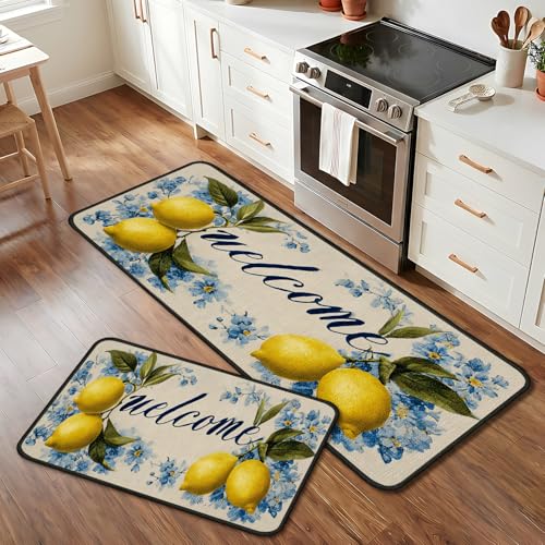 Classic Kitchen Mats for Floor, 2-Piece Non-Slip Kitchen Rugs - color: Lemon Blue Flower