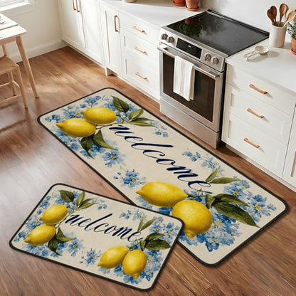 Classic Kitchen Mats for Floor, 2-Piece Non-Slip Kitchen Rugs - color: Lemon Blue Flower