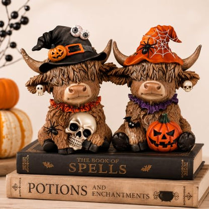 Karenhi 2 Pcs Highland Cow Figurines, Halloween Tabletop Statues Decor - style: Halloween