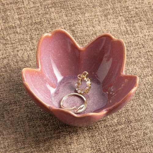 Floral Ceramic Jewelry Tray, 3.5" Ring Holder Trinket Bowl - color: purple