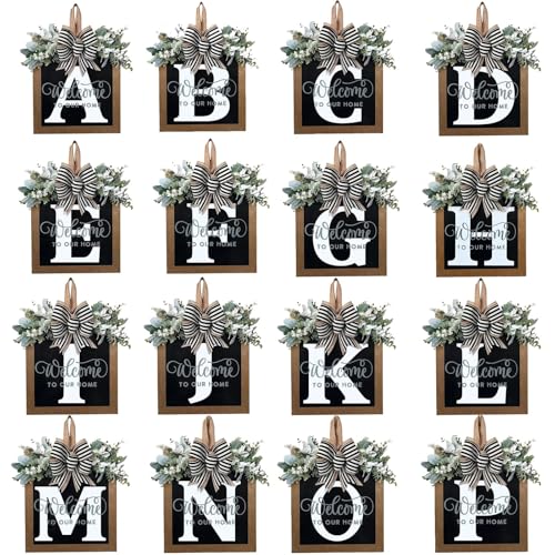 Last Name All Year Round Front Door Wreath with 26 Initial Letter Welcome Sign All Seasons Eucalyptus Garland and Bow ，Farmhouse, Porch, for Spring Summer Fall All Seasons Holiday Halloween Christmas. (V) - color: V