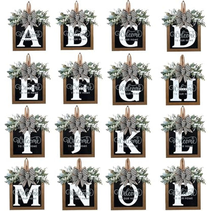 Last Name All Year Round Front Door Wreath with 26 Initial Letter Welcome Sign All Seasons Eucalyptus Garland and Bow ，Farmhouse, Porch, for Spring Summer Fall All Seasons Holiday Halloween Christmas.（P） - color: P
