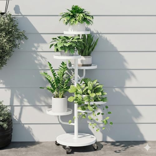 Bamworld Metal Plant Stands with Wheels Tall Plant Stand Indoor White - color: White