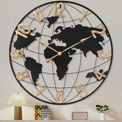 Pytha Sight 36 Inch Large Extra Metal Oversized Arabic World Map Wall Clock - color: Black Arabic, size: 36 inch