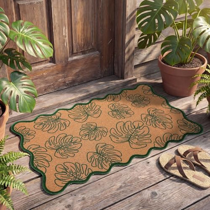 Dunzy Monstera Leaf Doormat Outdoor Green Scalloped Faux Coir Welcome Mat - style: Monstera