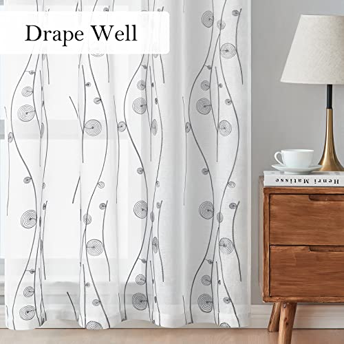 HOMEIDEAS Grey and White Sheer Curtains 52 X 63 Inches Length 2 Panels Embroidered Wave Line with Spiral Pattern Pocket Faux Linen Semi Sheer Voile Window Curtains/Drapes for Bedroom Living Room - color: Grey and White, size: 52"W x 63"L (Pack of 2)
