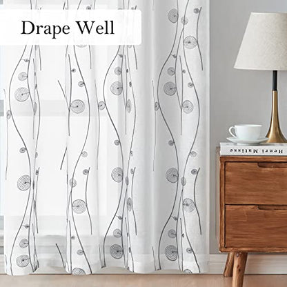 HOMEIDEAS Grey and White Sheer Curtains 52 X 63 Inches Length 2 Panels Embroidered Wave Line with Spiral Pattern Pocket Faux Linen Semi Sheer Voile Window Curtains/Drapes for Bedroom Living Room - color: Grey and White, size: 52"W x 63"L (Pack of 2)