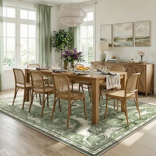 Lahome 8x10 Washable Area Rug for Living Room, Woodland Deer Boho Animal Rug, Vintage Botanical Green Non-Slip Low Pile Large Carpet for Bedroom Dining Room Nursery Farmhouse Decor - color: Green, size: 8' x 10' (Rectangular)