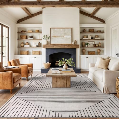 Rugshop Bohemian Stripes Marbella Non-Slip Washable Area Rug Beige 8' x 10' - color: Beige, size: 8' x 10' (Rectangular)
