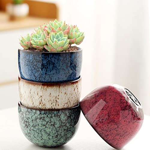 YYW 3 Inch Ceramic Plant Pot Set of 4 with Drainage and Bamboo Tray(Set 2) - color: Set 2, size: One Size