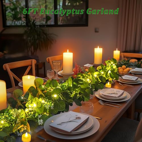 N&T NIETING 4 Pack Artificial Eucalyptus Garland with Lights, 6FT Artificial Greenery Summer Garlands, Battery Operated Twig Vine for Room Stairs Mantle Wedding Holiday Decoration Indoor Outdoor - size: 4