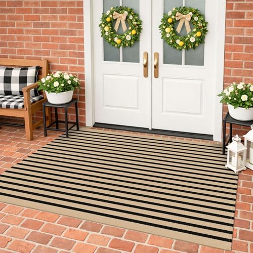 KILOCOCO Striped Rug 4x6 ft Washable Woven Front Door Rug, Brown and Black - color: Brown and Black Stripes, size: 4' x 6' (Rectangular)
