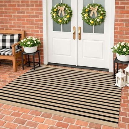 KILOCOCO Striped Rug 4x6 ft Washable Woven Front Door Rug, Brown and Black - color: Brown and Black Stripes, size: 4' x 6' (Rectangular)