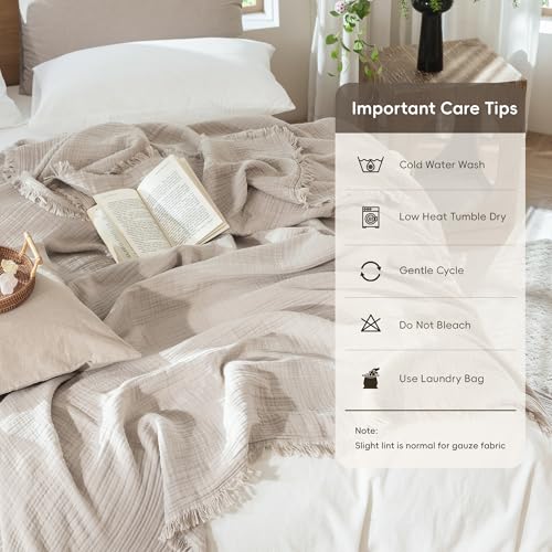 MooMee 100% Cotton Muslin Blanket, Fringed 4-Layer Gauze Bed Couch Throw - color: Cream Grey, size: Twin XL