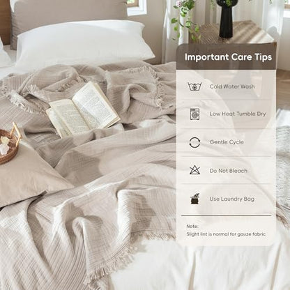 MooMee 100% Cotton Muslin Blanket, Fringed 4-Layer Gauze Bed Couch Throw - color: Cream Grey, size: Twin XL