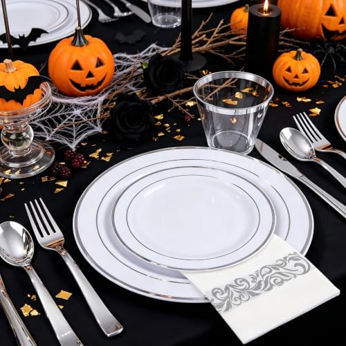 WELLIFE 700 Pieces Silver Plastic Dinnerware Set for 100 Guests - Includes Plates, Cups, Napkins, and Disposable Cutlery - Elegant White & Silver Design, Perfect for Parties and Events - color: Silver, style: 700PCS（100Guests）