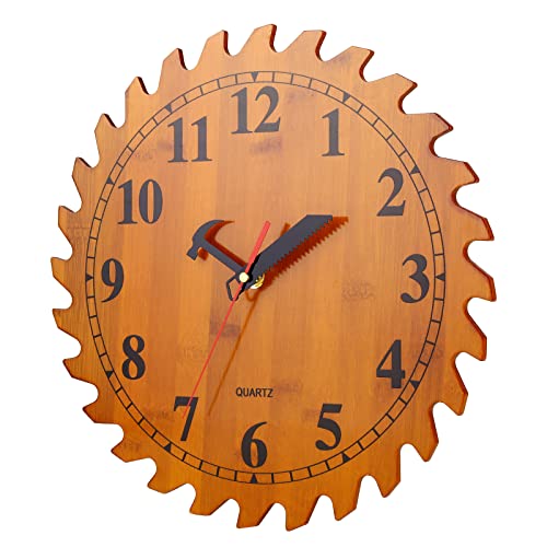 12 Inch Wood Wall Clock with Circular Saw Blade Dial, Handsaw and Hammer Pointer,Great Decor for Farmhouse,Garages and Man Cave - color: Brown