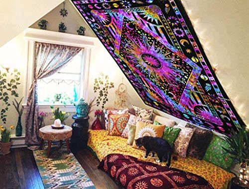 ANJANIYA Burning Sun Tie Dye Tapestry, Celestial Sun Moon Star Planet Bohemian Twin Tapestry Tarot Card Wall Hanging Boho Coverlet Curtain (Purple Multi, 55"X85") - color: Purple Multi, size: 85"L x 55"W